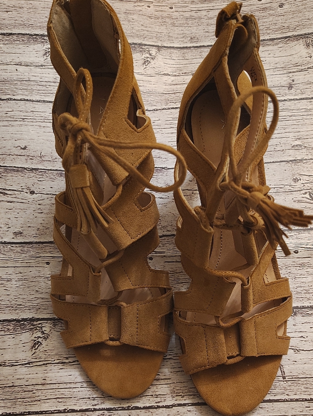 Tahari Tan Suede Lace-Up Heeled Sandals